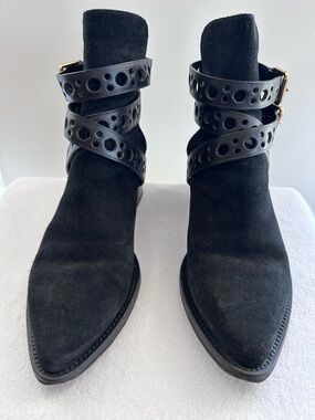 Burberry Black Suede Pointed Ankle Boots with Perforated Wrap Straps
